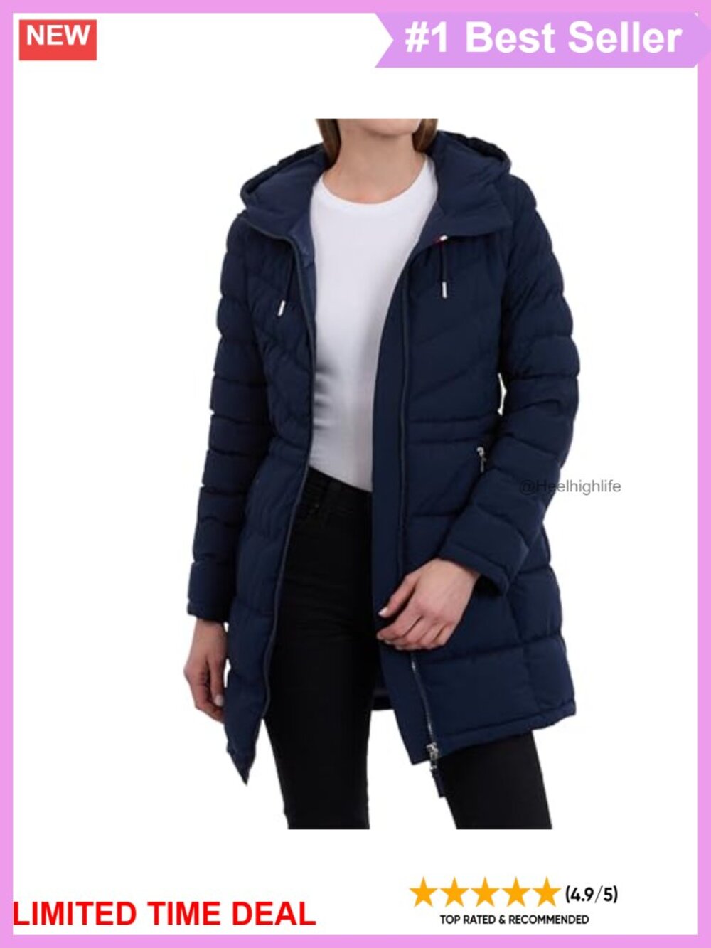 Quilted Hooded Long Lightweight Jacket Zip Front Hand Pockets